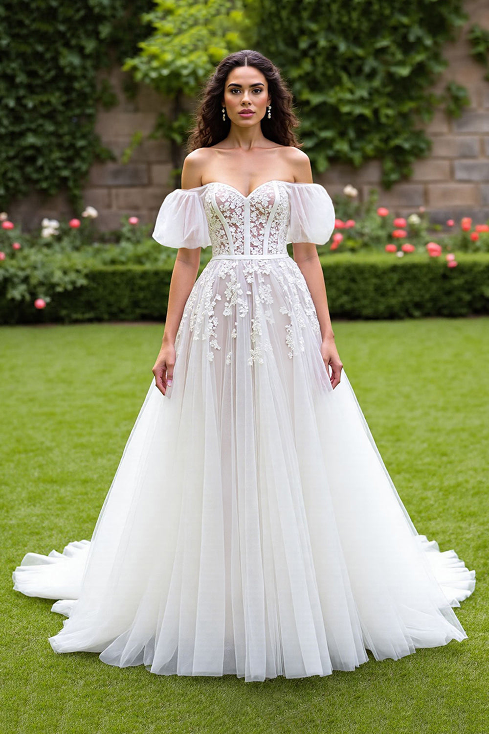 A Line Ivory Off The Shoulder Appliqued Wedding Dress