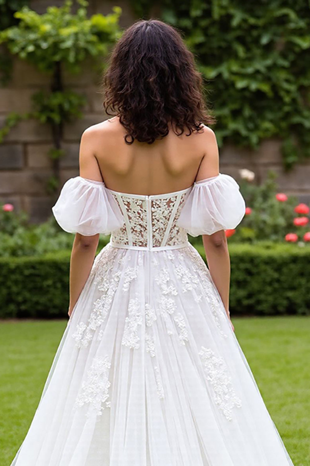A Line Ivory Off The Shoulder Appliqued Wedding Dress
