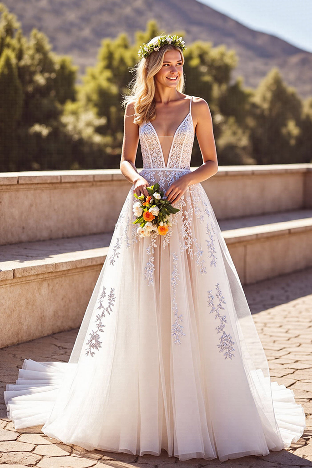 Ivory A Line Spaghetti Straps Long Wedding Dress