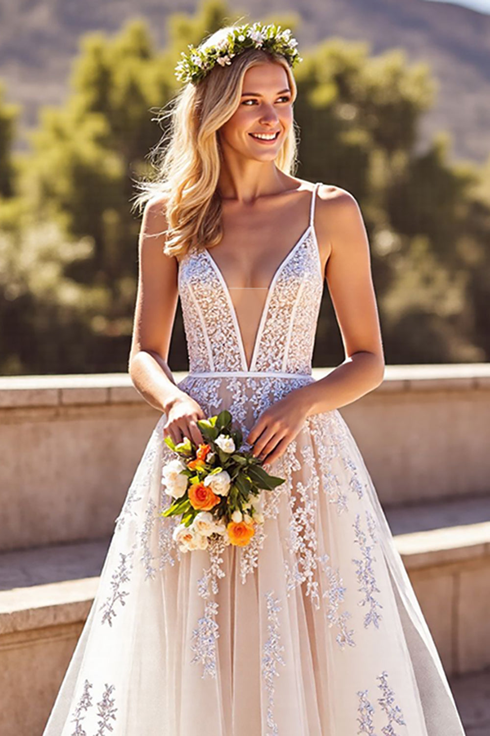 Ivory A Line Spaghetti Straps Long Wedding Dress