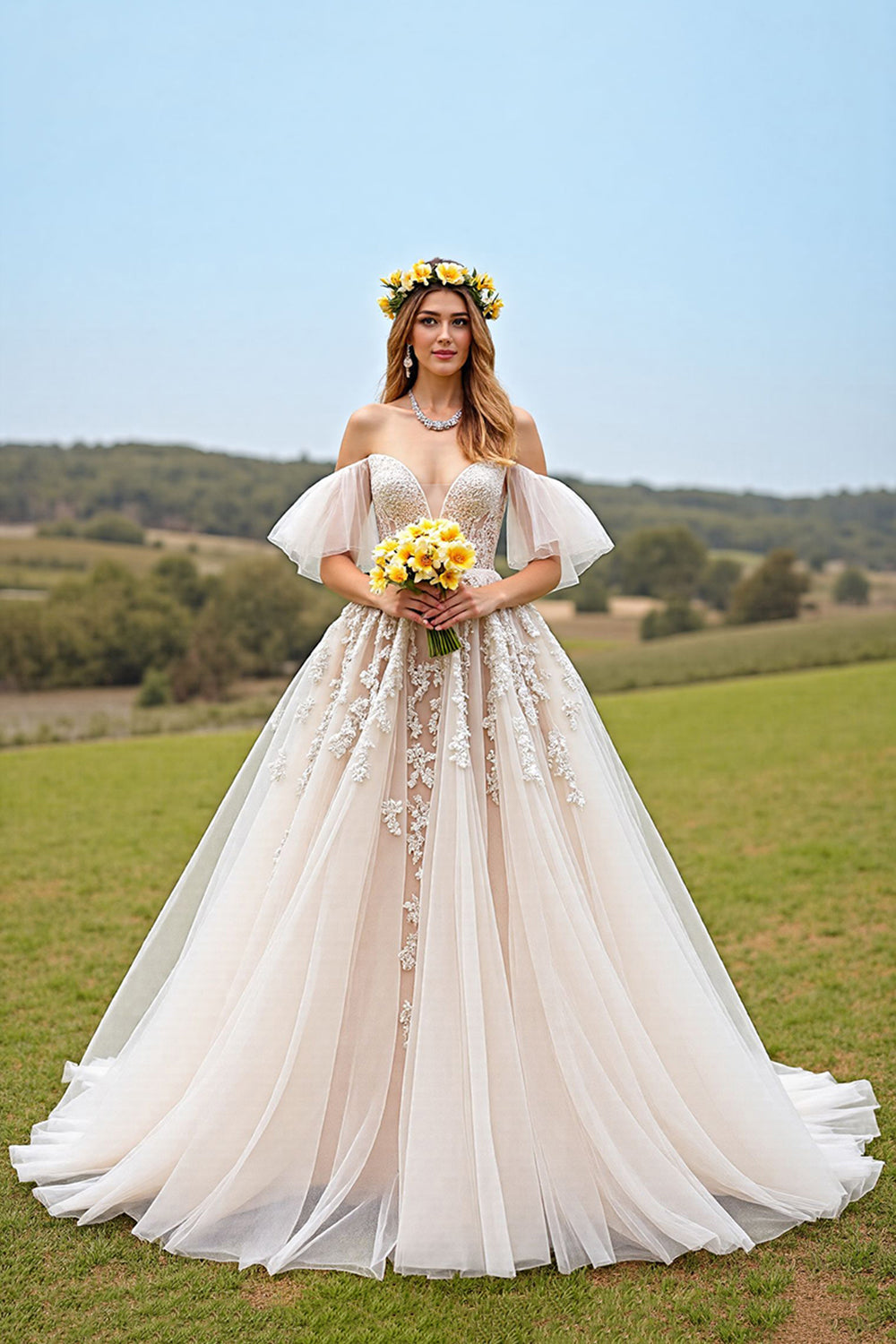 Apricot Off The Shoulder Appliqued Long Wedding Dress