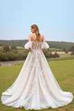 Apricot Off The Shoulder Appliqued Long Wedding Dress