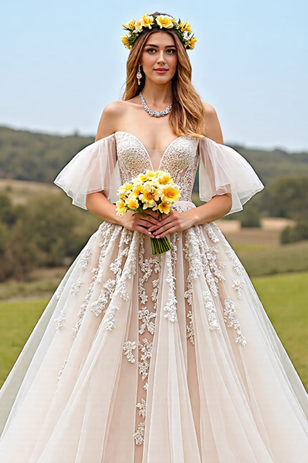 Apricot Off The Shoulder Appliqued Long Wedding Dress