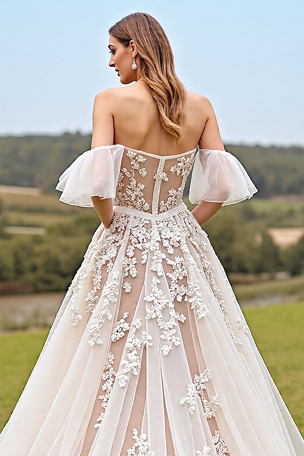 Apricot Off The Shoulder Appliqued Long Wedding Dress