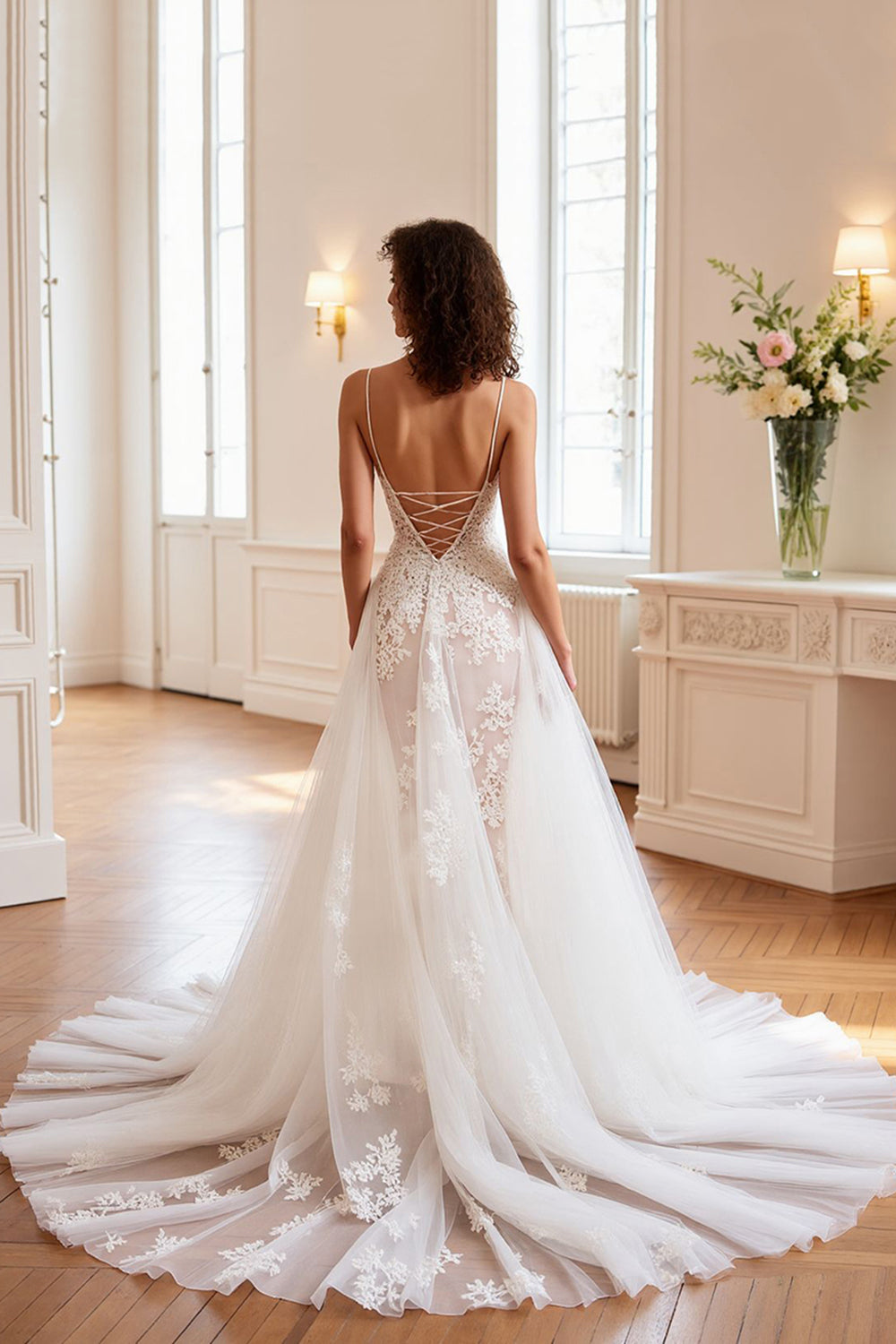 A Line Spaghetti Straps Long Ivory Wedding Dress