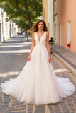 Simple Ruched A Line Ivory V Neck Wedding Dress