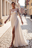 Long Sleeve Round Neck Appliqued Ivory Wedding Dress With Slit