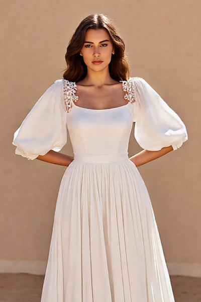 Ivory A-Line Puff Sleeves Wedding Dress with Appliques
