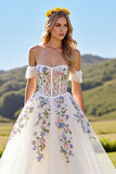 Off The Shoulder Floral Appliqued Ivory Wedding Dress