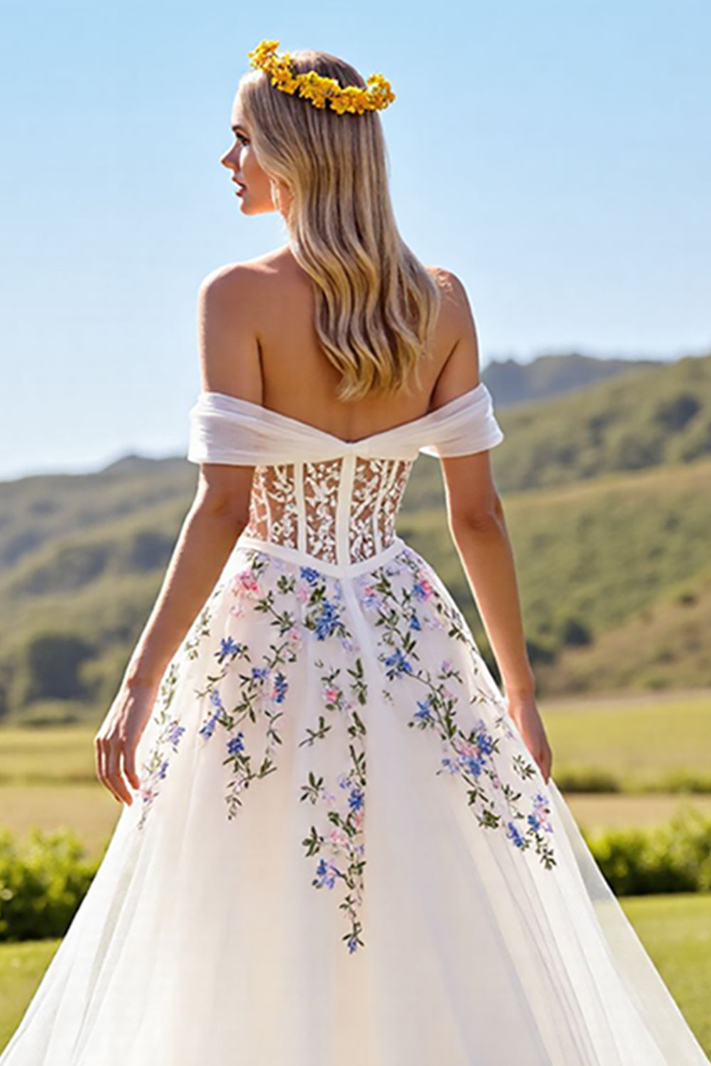 Off The Shoulder Floral Appliqued Ivory Wedding Dress