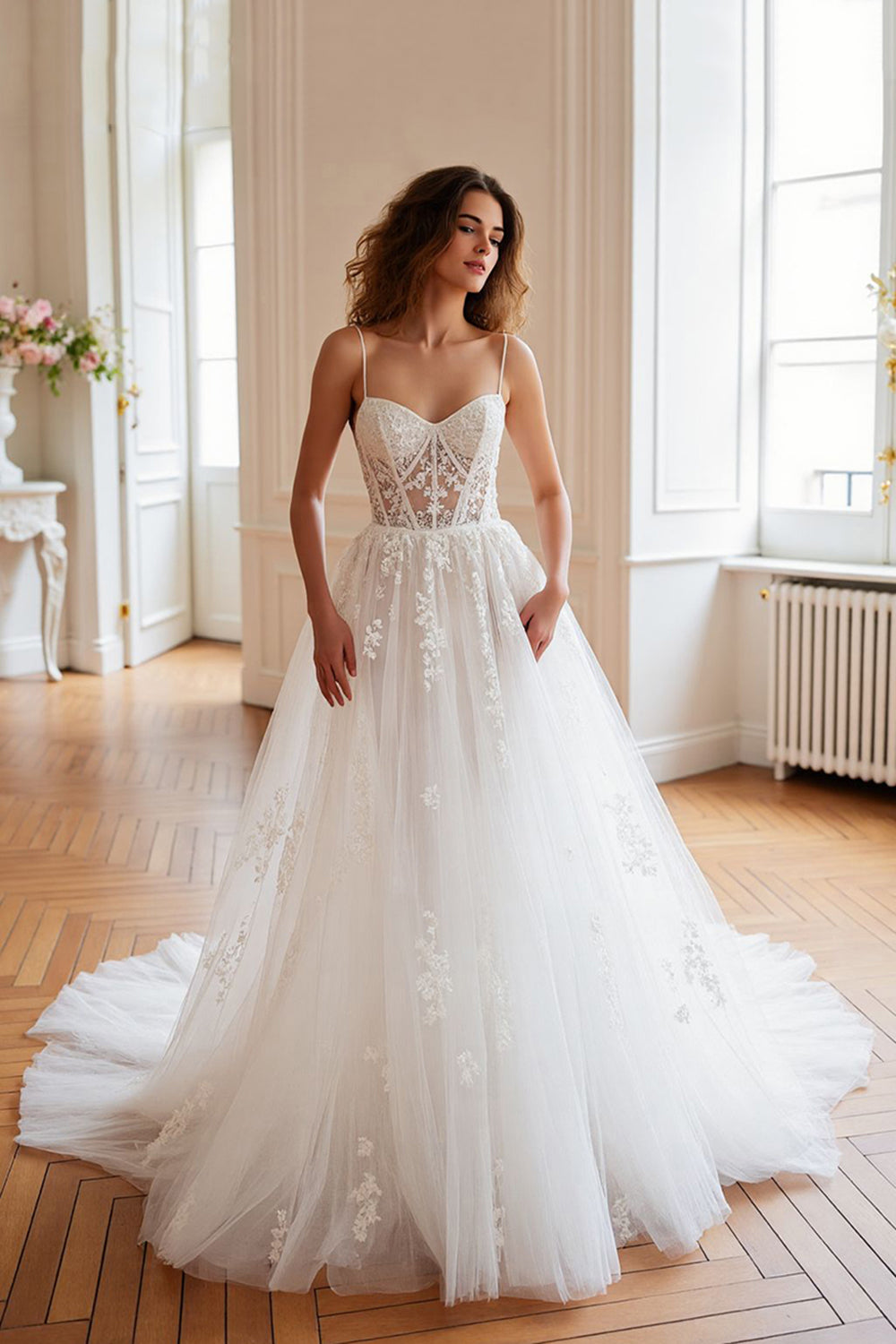 Ivory Tulle Appliqued A Line Wedding Dress