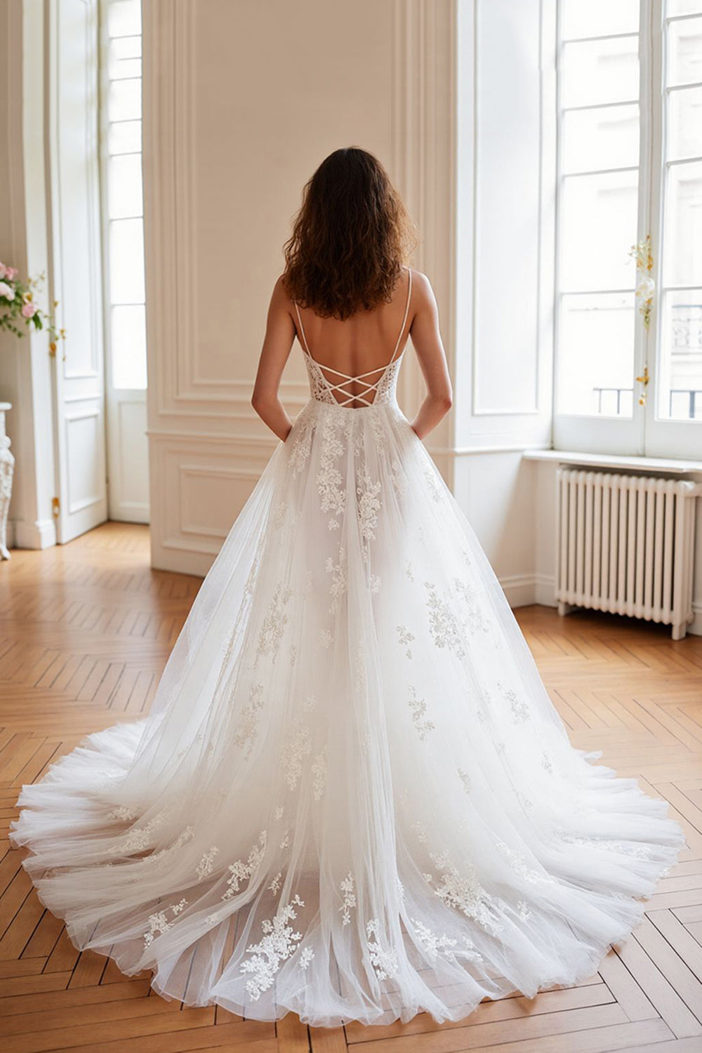 Ivory Tulle Appliqued A Line Wedding Dress
