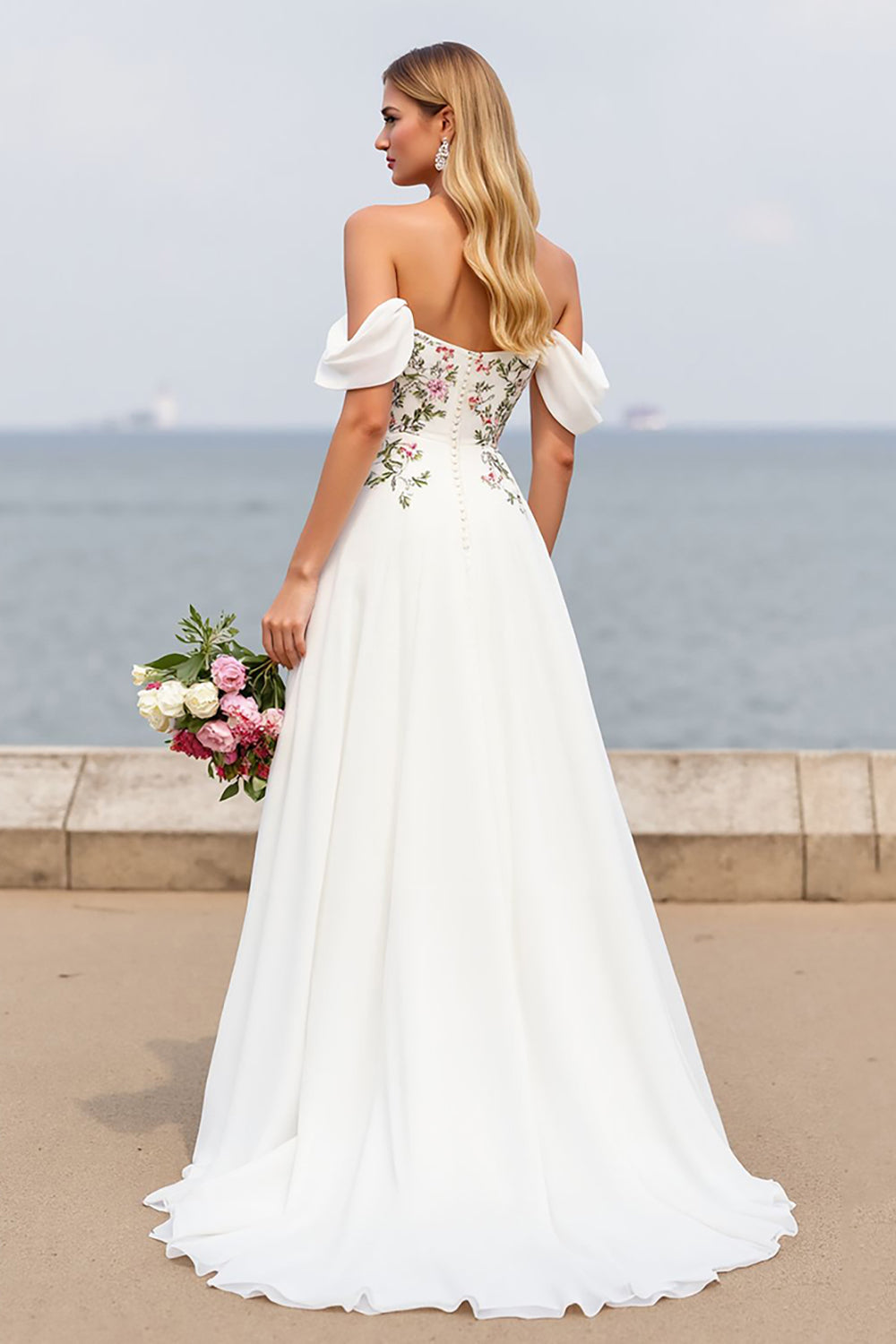 Off The Shoulder Floral A Line Long Wedding Dress With Slit