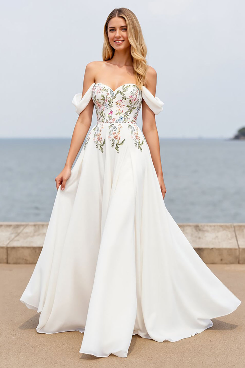 Off The Shoulder Floral A Line Long Wedding Dress With Slit