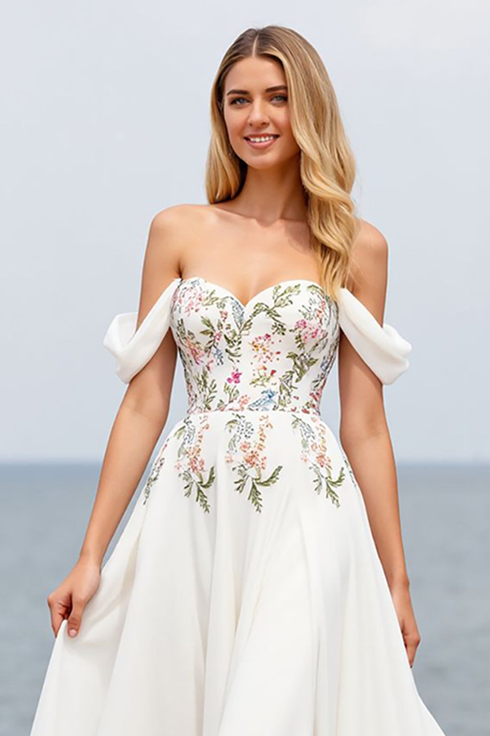 Off The Shoulder Floral A Line Long Wedding Dress With Slit