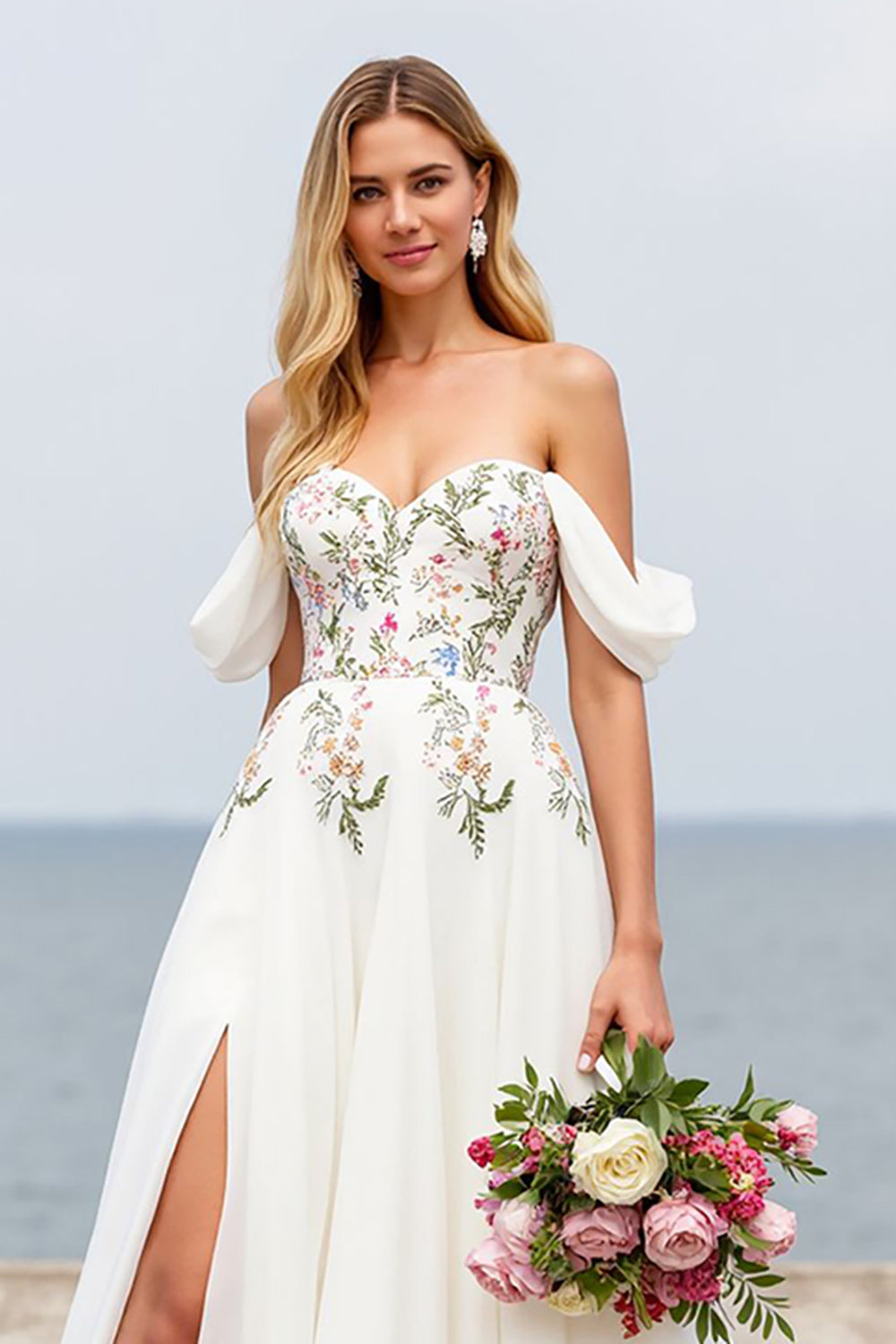 Off The Shoulder Floral A Line Long Wedding Dress With Slit