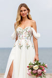 Off The Shoulder Floral A Line Long Wedding Dress With Slit