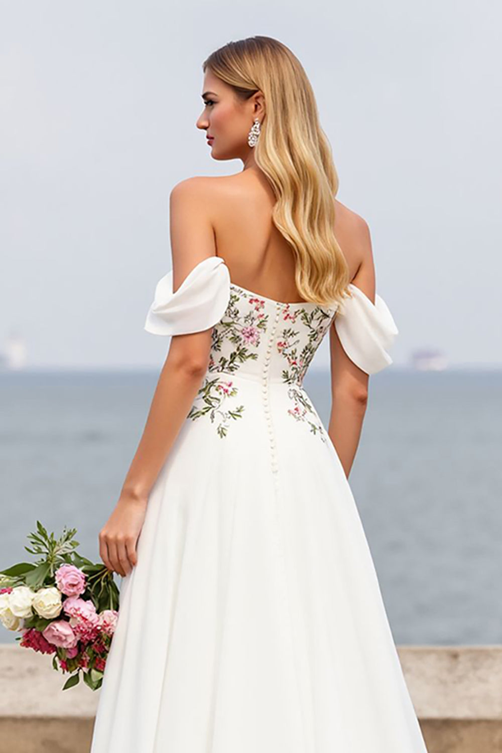 Off The Shoulder Floral A Line Long Wedding Dress With Slit
