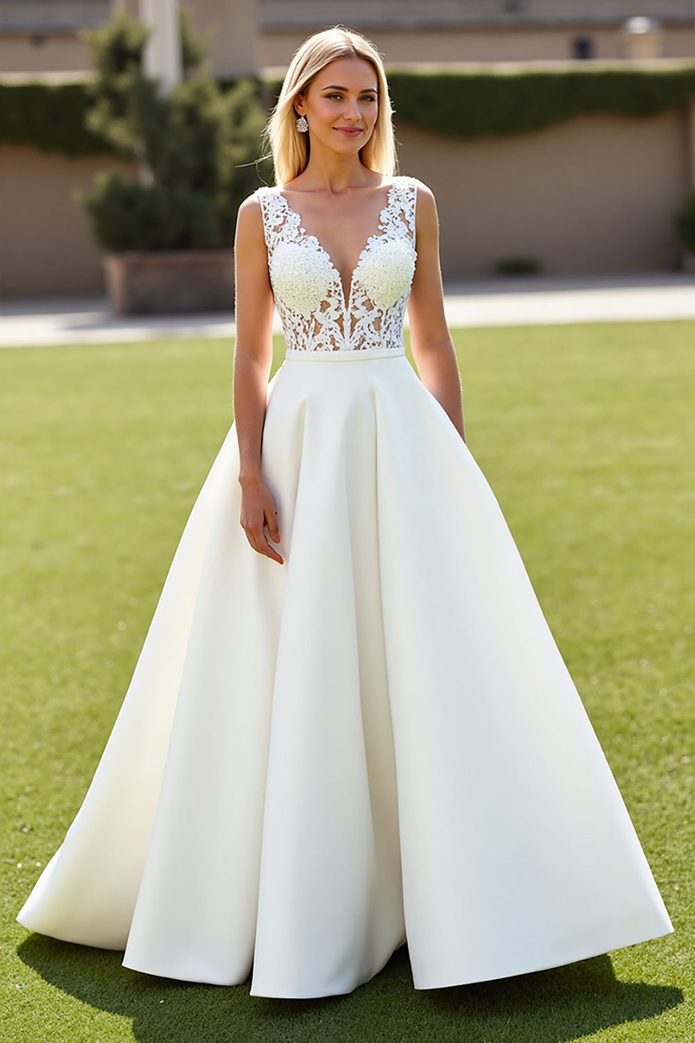 A Line Ivory Ruffled Long Wedding Dress With Appliques