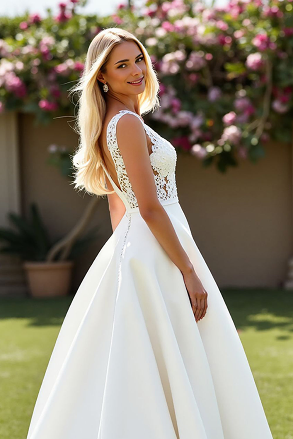 A Line Ivory Ruffled Long Wedding Dress With Appliques