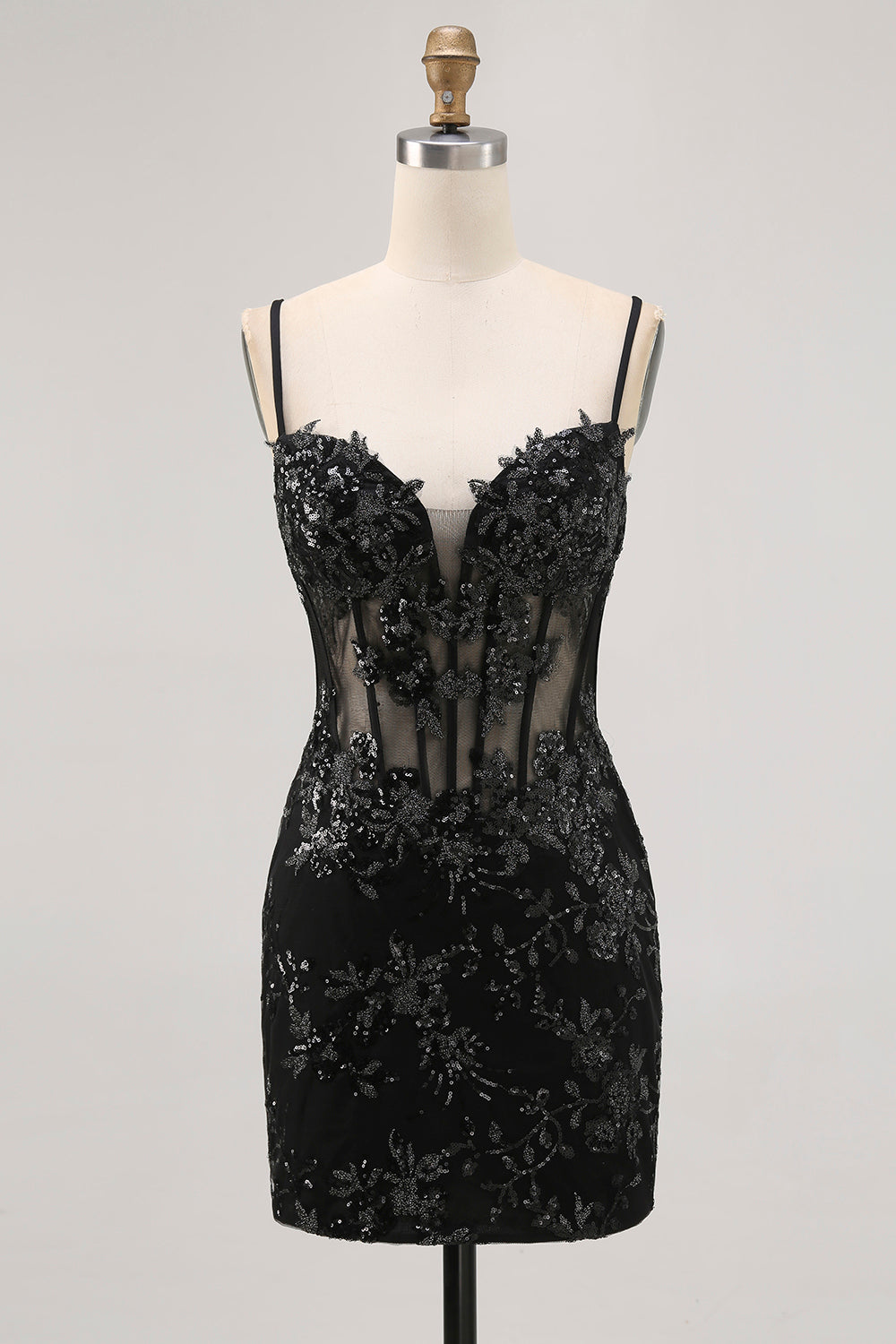 Black Sheer Corset Cut Out Bodycon Homecoming Dress with Sequins