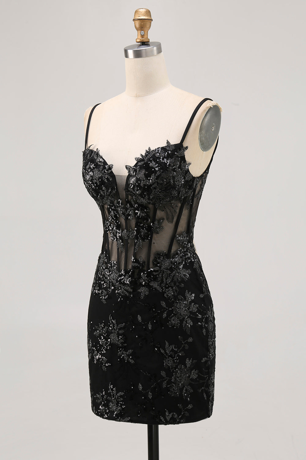 Black Sheer Corset Cut Out Bodycon Homecoming Dress with Sequins