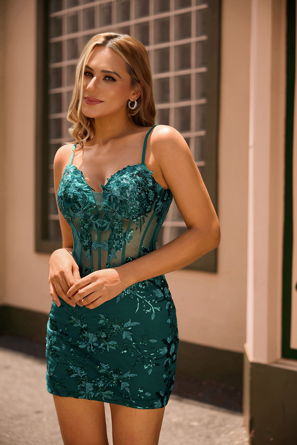 Dark Green Sequined Bodycon Corset Homecoming Dress with Appliques