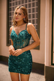 Dark Green Sequined Bodycon Corset Homecoming Dress with Appliques