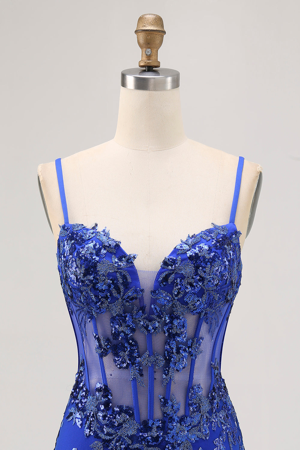 Royal Blue Bodycon Sheer Corset Homecoming Dress with Sequins