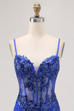 Royal Blue Bodycon Sheer Corset Homecoming Dress with Sequins