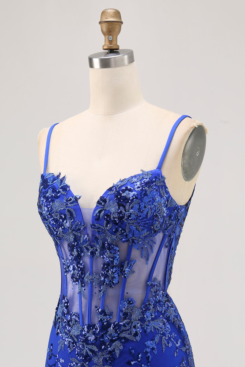 Royal Blue Bodycon Sheer Corset Homecoming Dress with Sequins