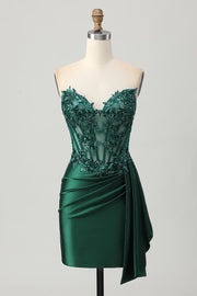 Dark Green Strapless Corset Appliqued Bodycon Homecoming Dress with Streamer