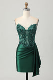 Dark Green Strapless Corset Appliqued Bodycon Homecoming Dress with Streamer