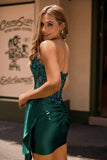 Dark Green Strapless Corset Appliqued Bodycon Homecoming Dress with Streamer
