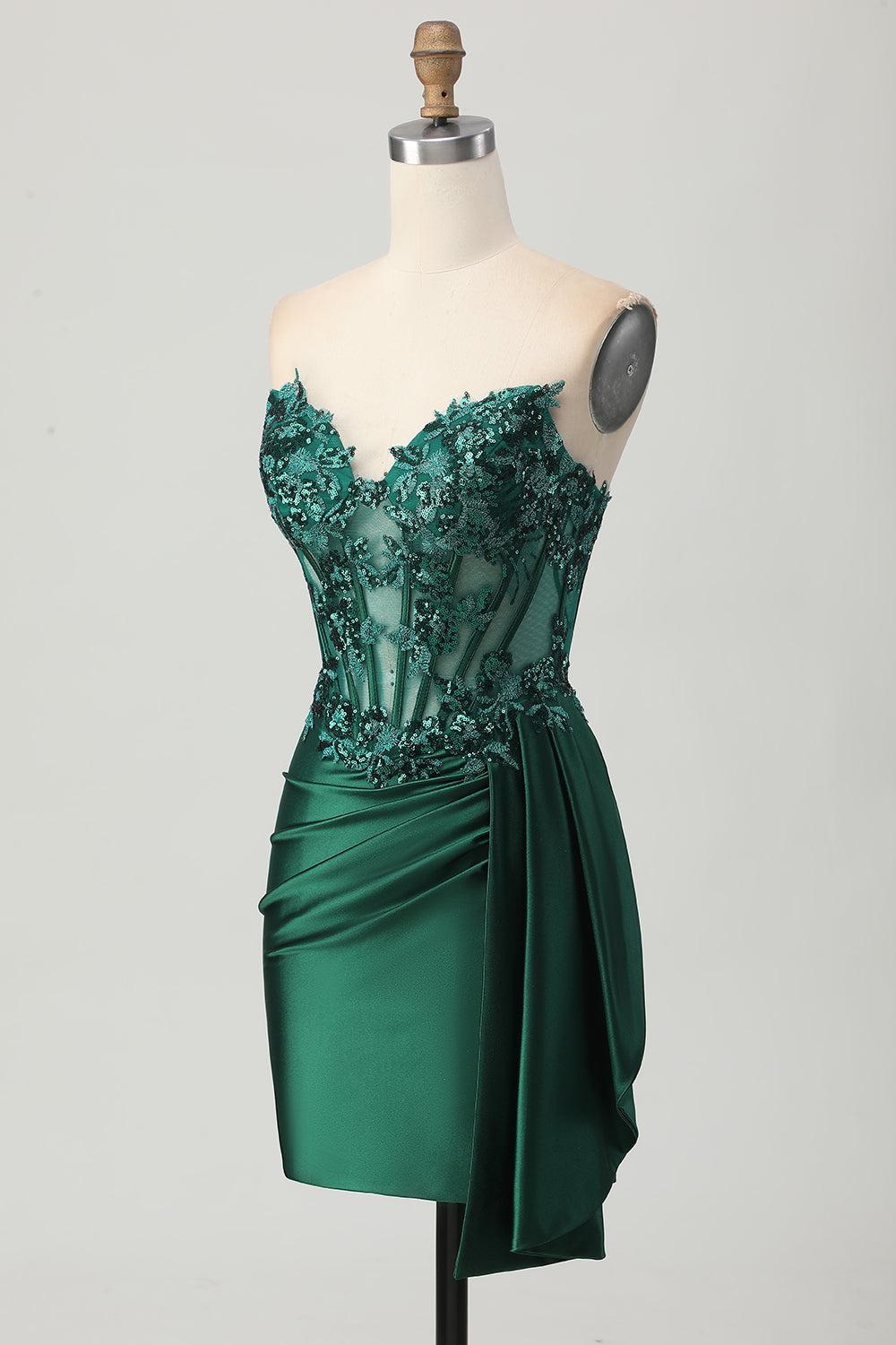 Dark Green Strapless Corset Appliqued Bodycon Homecoming Dress with Streamer