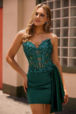 Strapless Bodycon Corset Appliqued Dark Green Homecoming Dress With Sash