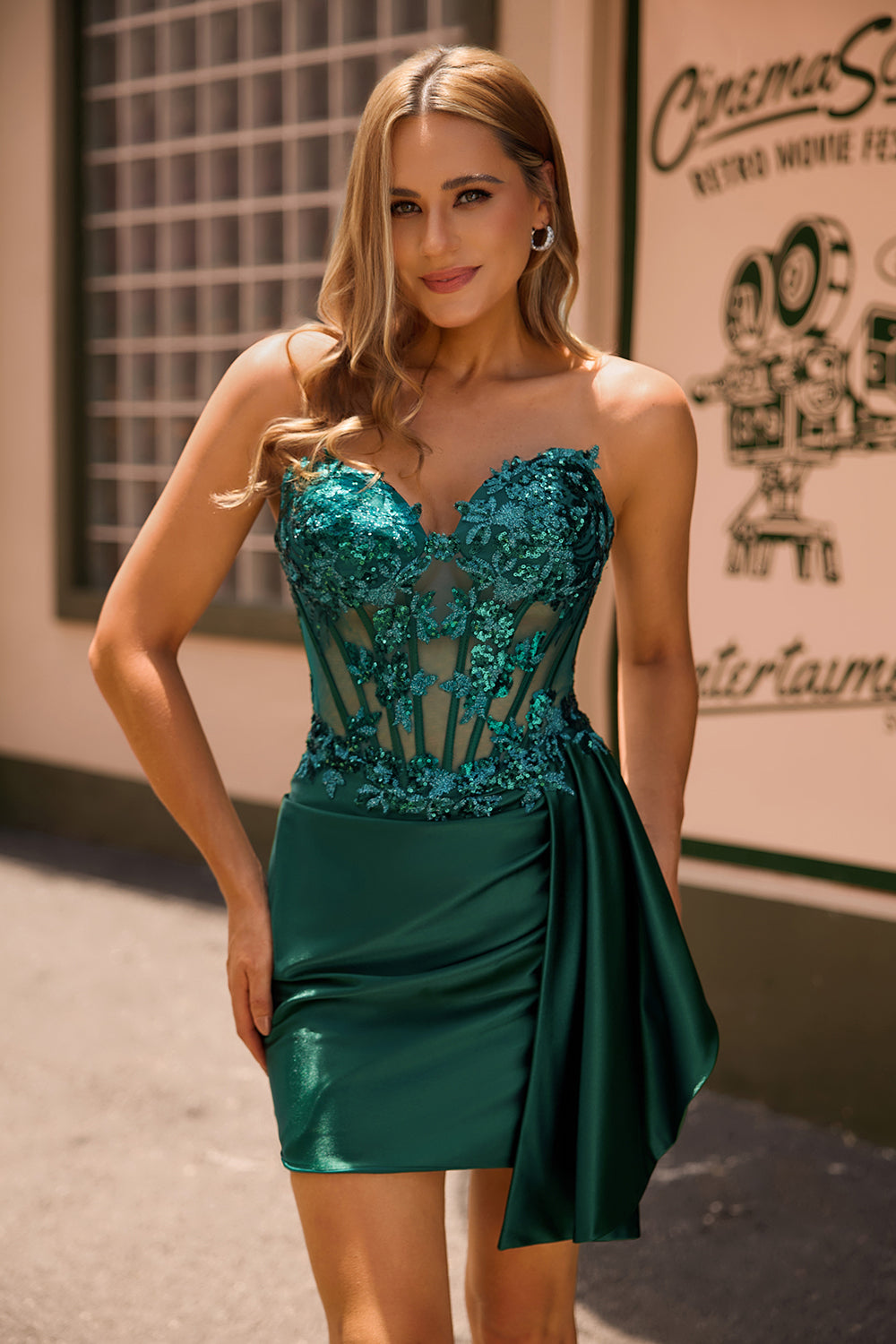 Strapless Bodycon Corset Appliqued Dark Green Homecoming Dress With Sash