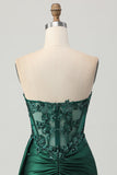 Dark Green Strapless Corset Appliqued Bodycon Homecoming Dress with Streamer