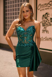 Strapless Bodycon Corset Appliqued Dark Green Homecoming Dress With Sash