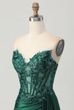 Dark Green Strapless Corset Appliqued Bodycon Homecoming Dress with Streamer