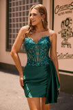 Strapless Bodycon Corset Appliqued Dark Green Homecoming Dress With Sash