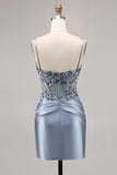 Corset Bodycon Satin Grey Blue Homecoming Dress with Appliques