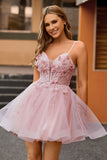 Pink A Line Tulle Corset Homecoming Dress with 3D Flowers