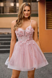 Pink A Line Tulle Corset Homecoming Dress with 3D Flowers