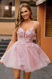 Pink A Line Tulle Corset Homecoming Dress with 3D Flowers