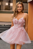 Pink A Line Tulle Corset Homecoming Dress with 3D Flowers