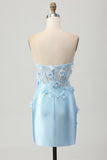 Bodycon Strapless Sky Blue Homecoming Dress with 3D Flowers