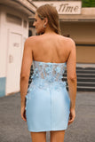 Bodycon Strapless Sky Blue Homecoming Dress with 3D Flowers