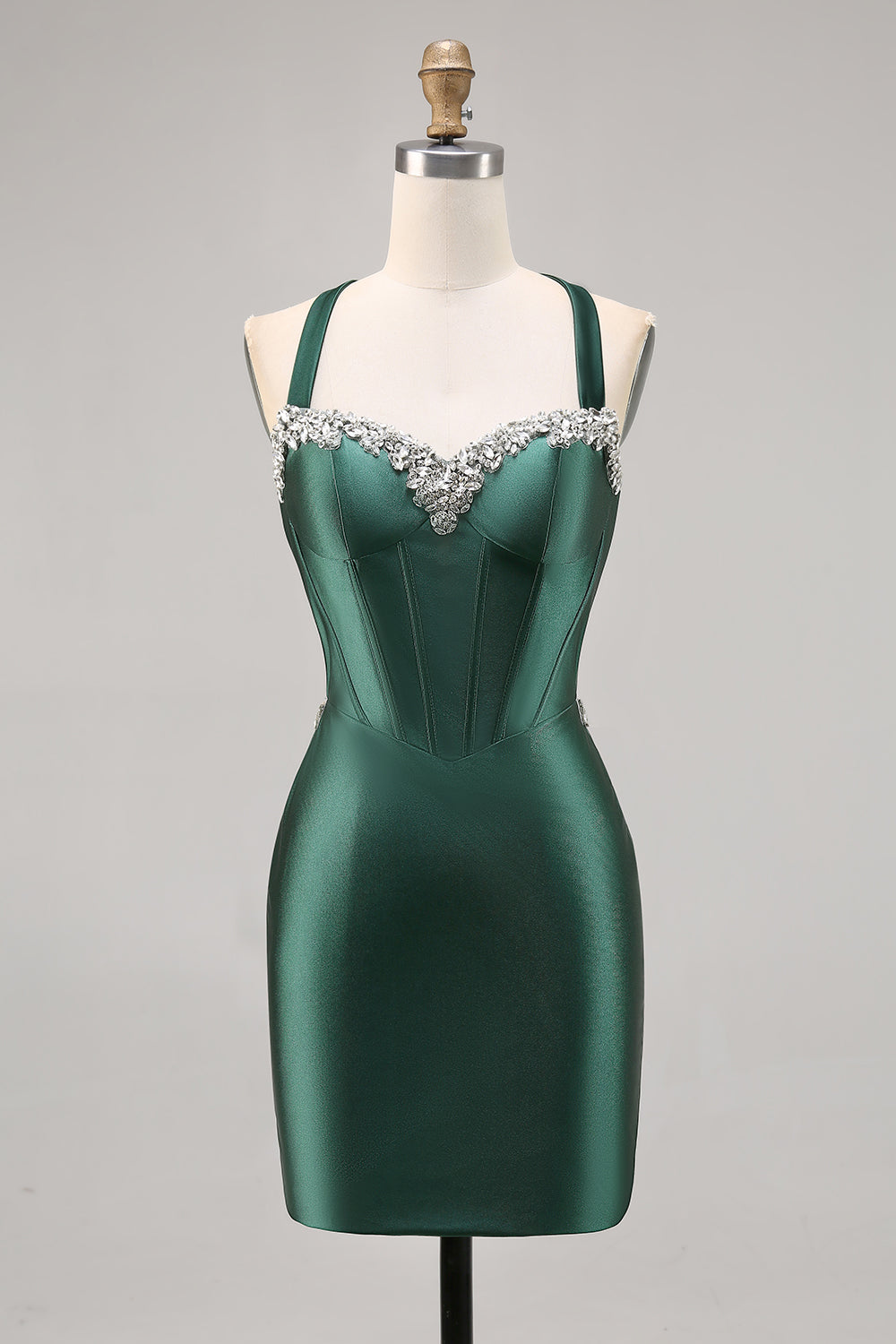 Dark Green Corset Satin Bodycon Homecoming Dress with Rhinestones