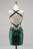 Dark Green Corset Satin Bodycon Homecoming Dress with Rhinestones